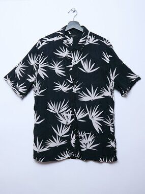 All Saints Mens Bhutan Palm Button Short Sleeves Shirt XL Black Hawaiian